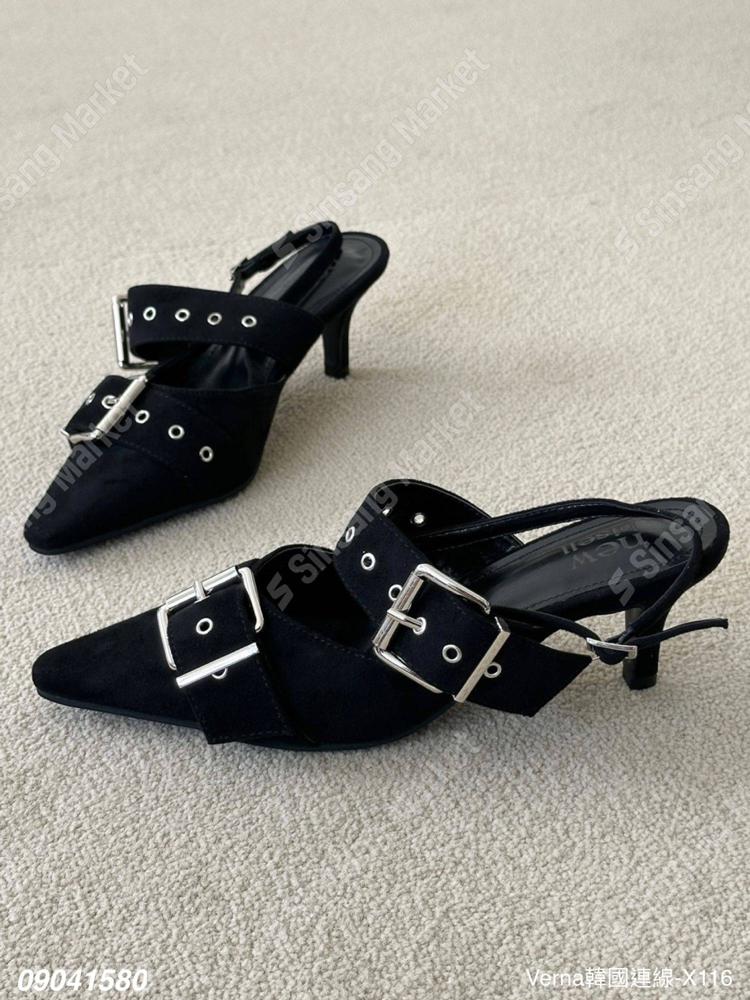 麂皮中性尖頭低跟涼鞋