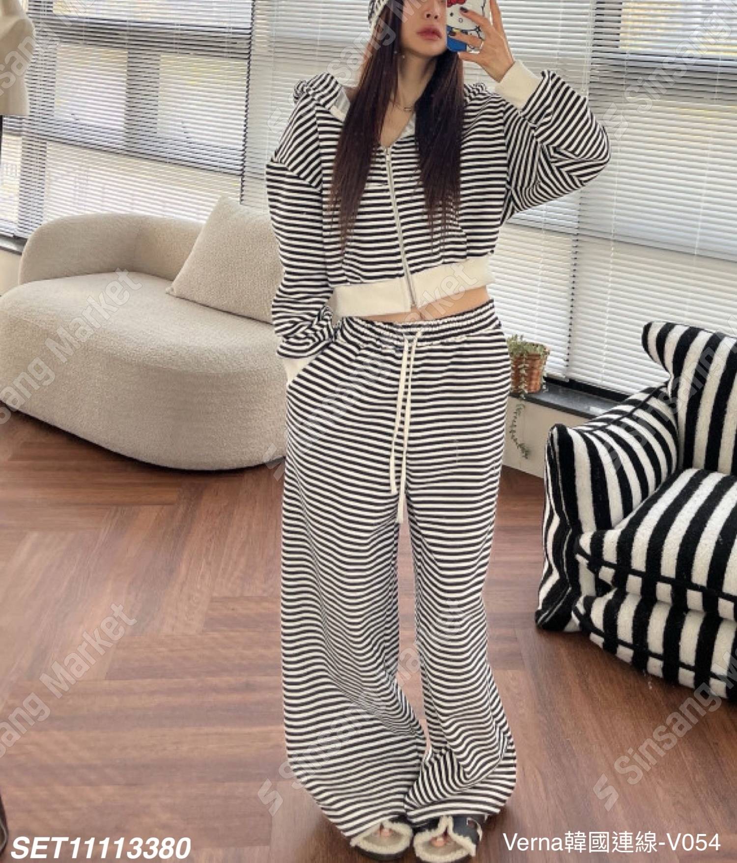 俐落條紋長褲套裝