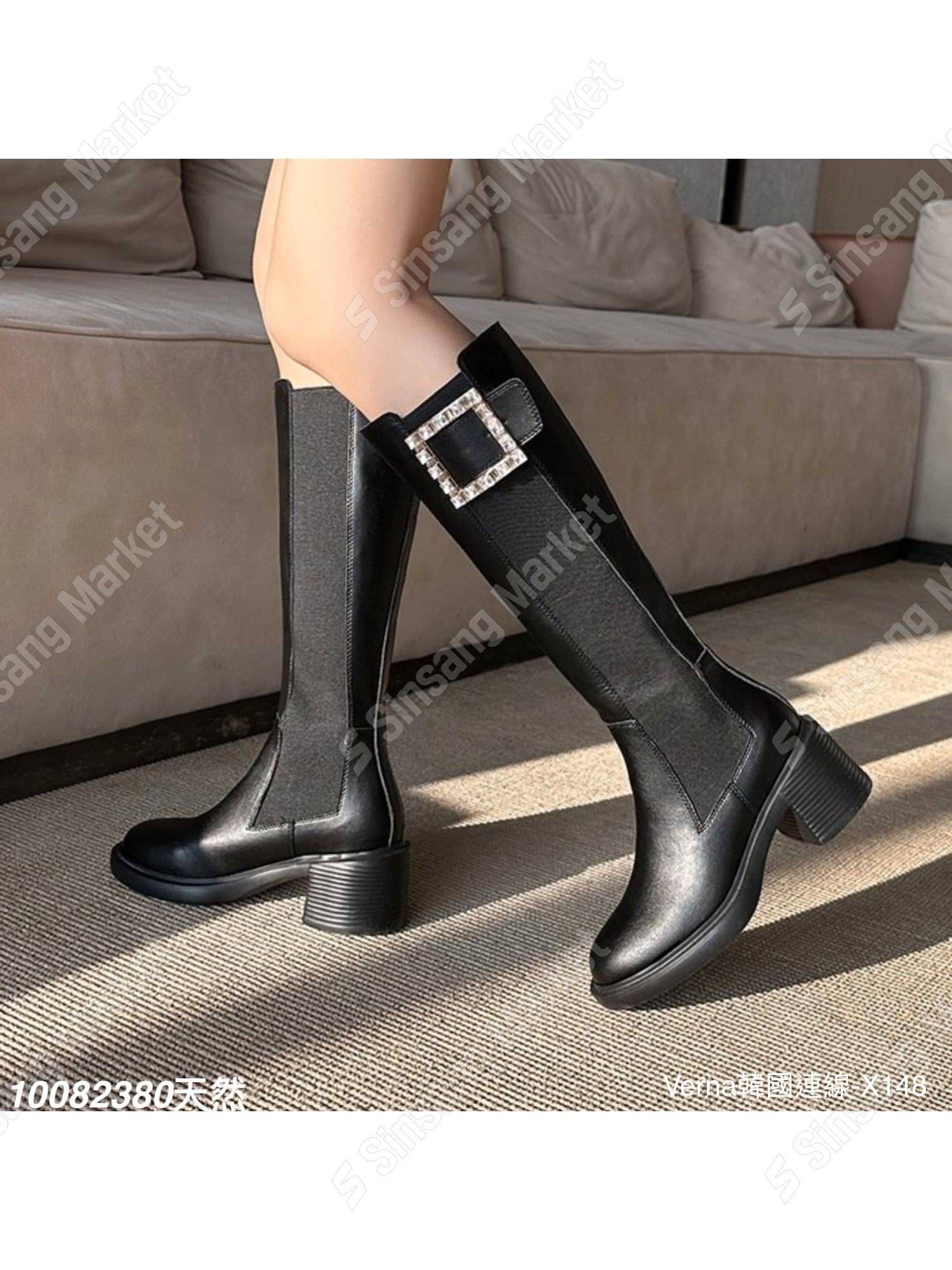 天然皮革水鑽長靴