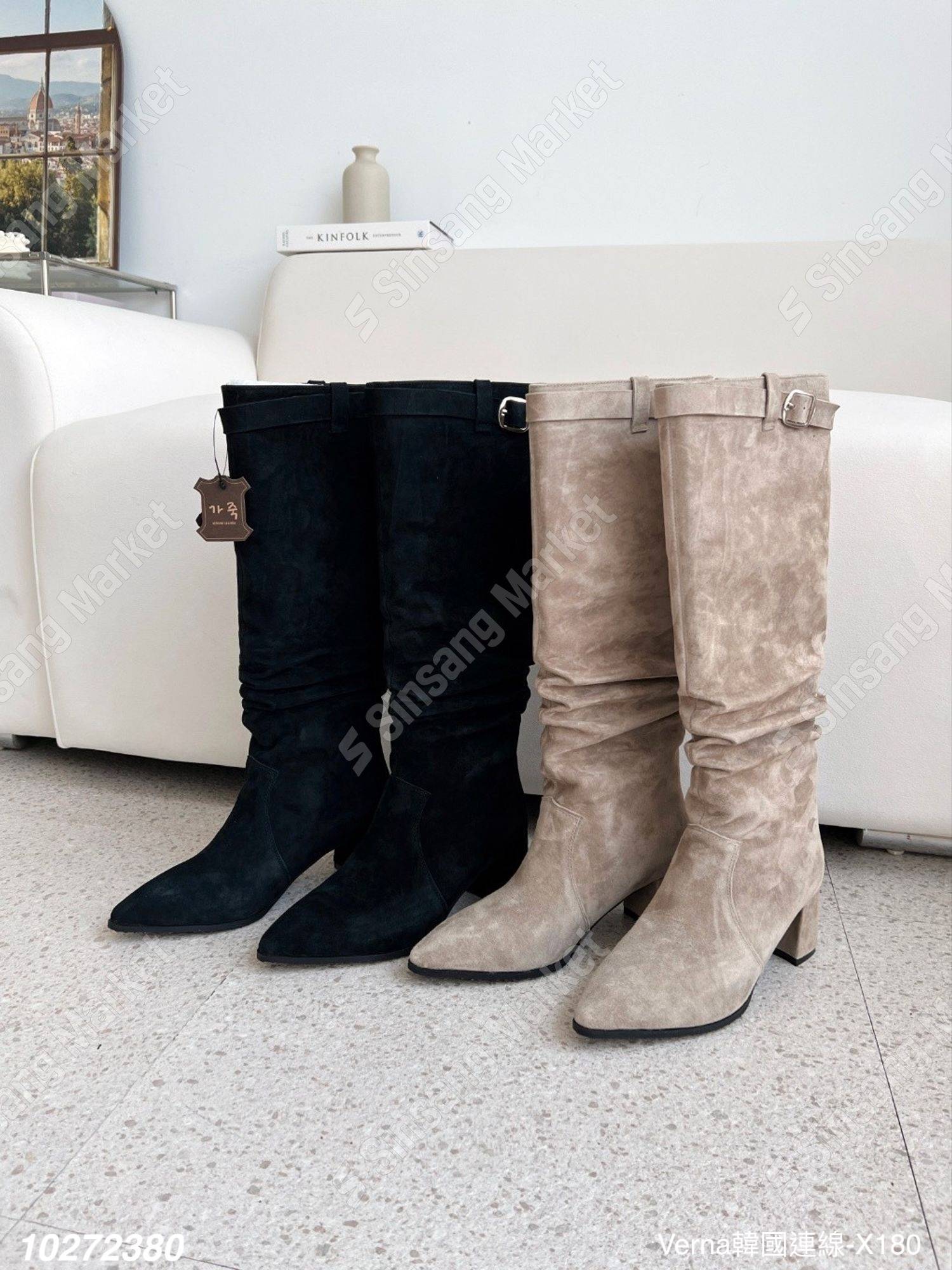 麂皮造型皮帶長靴