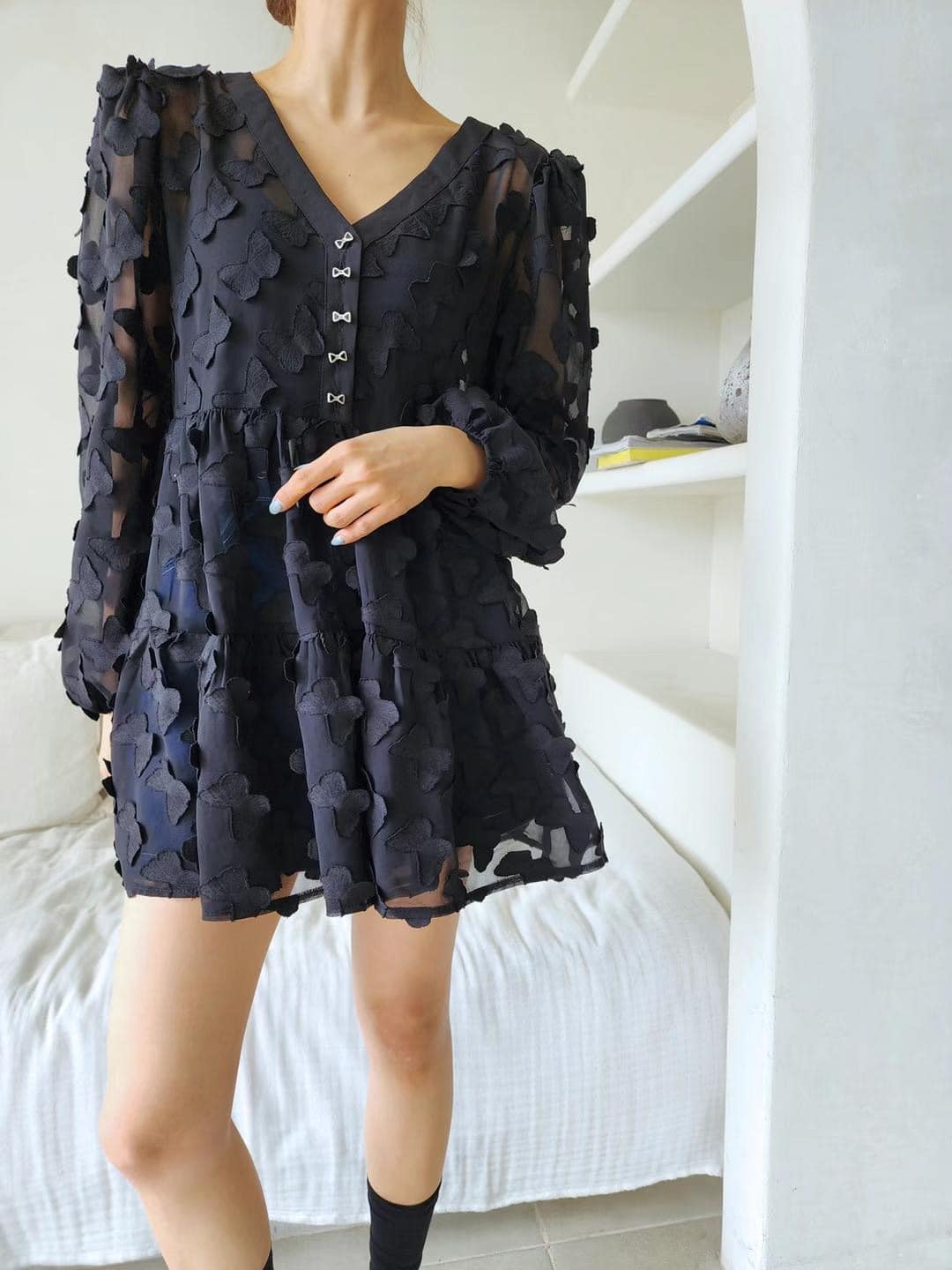 蝴蝶挑挑氣質長版洋裝