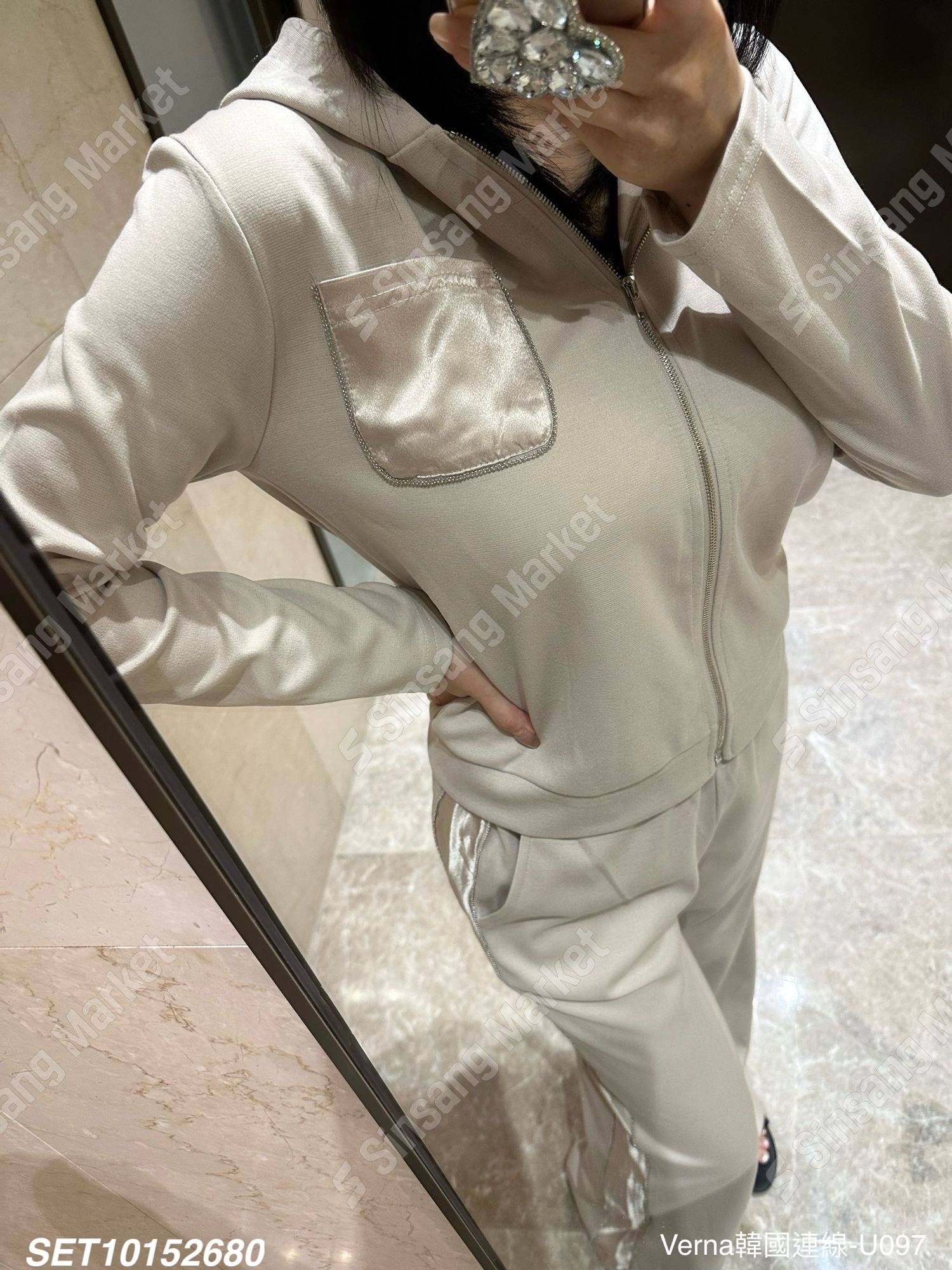 連帽拼接緞面長褲套裝