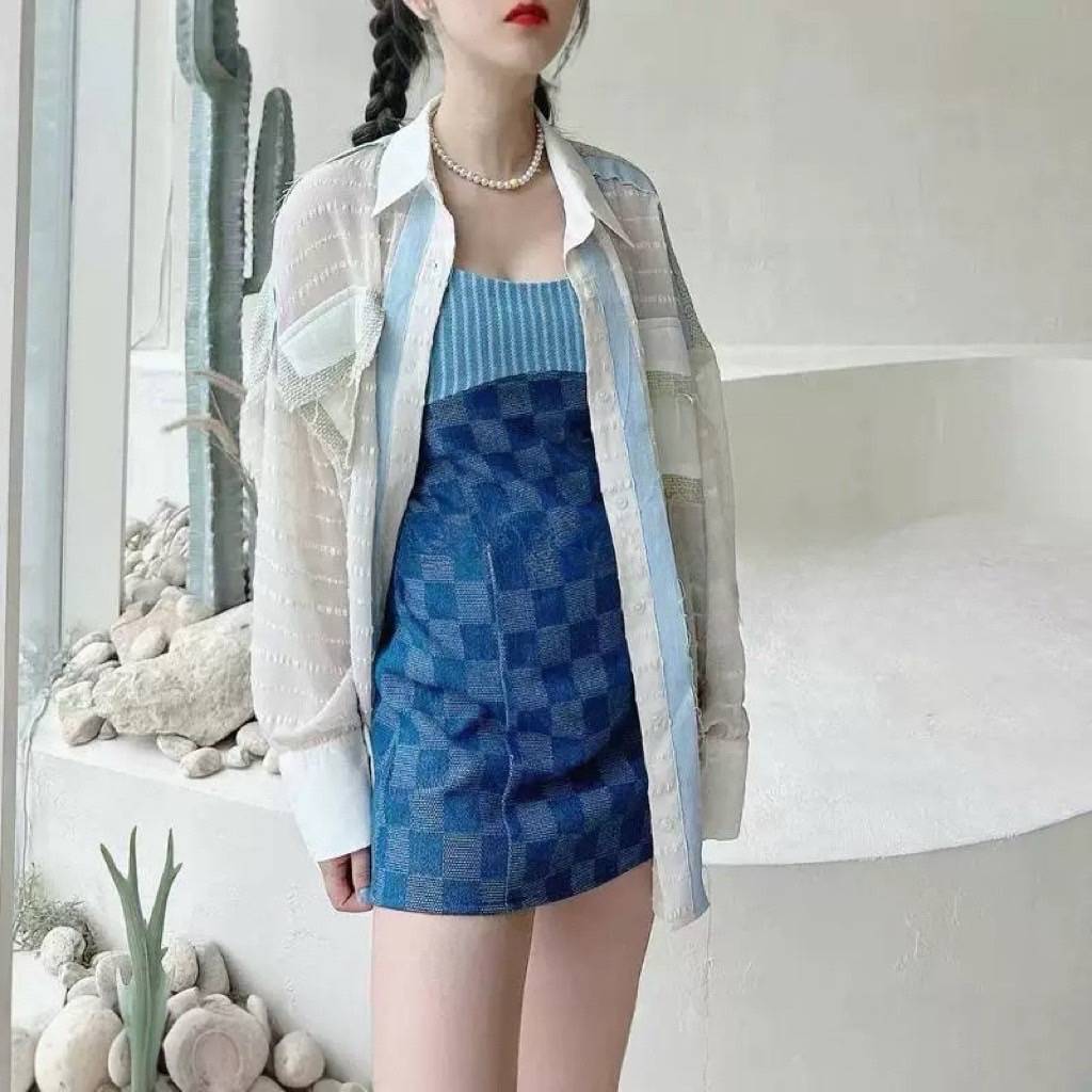 細肩帶牛仔格子洋裝 