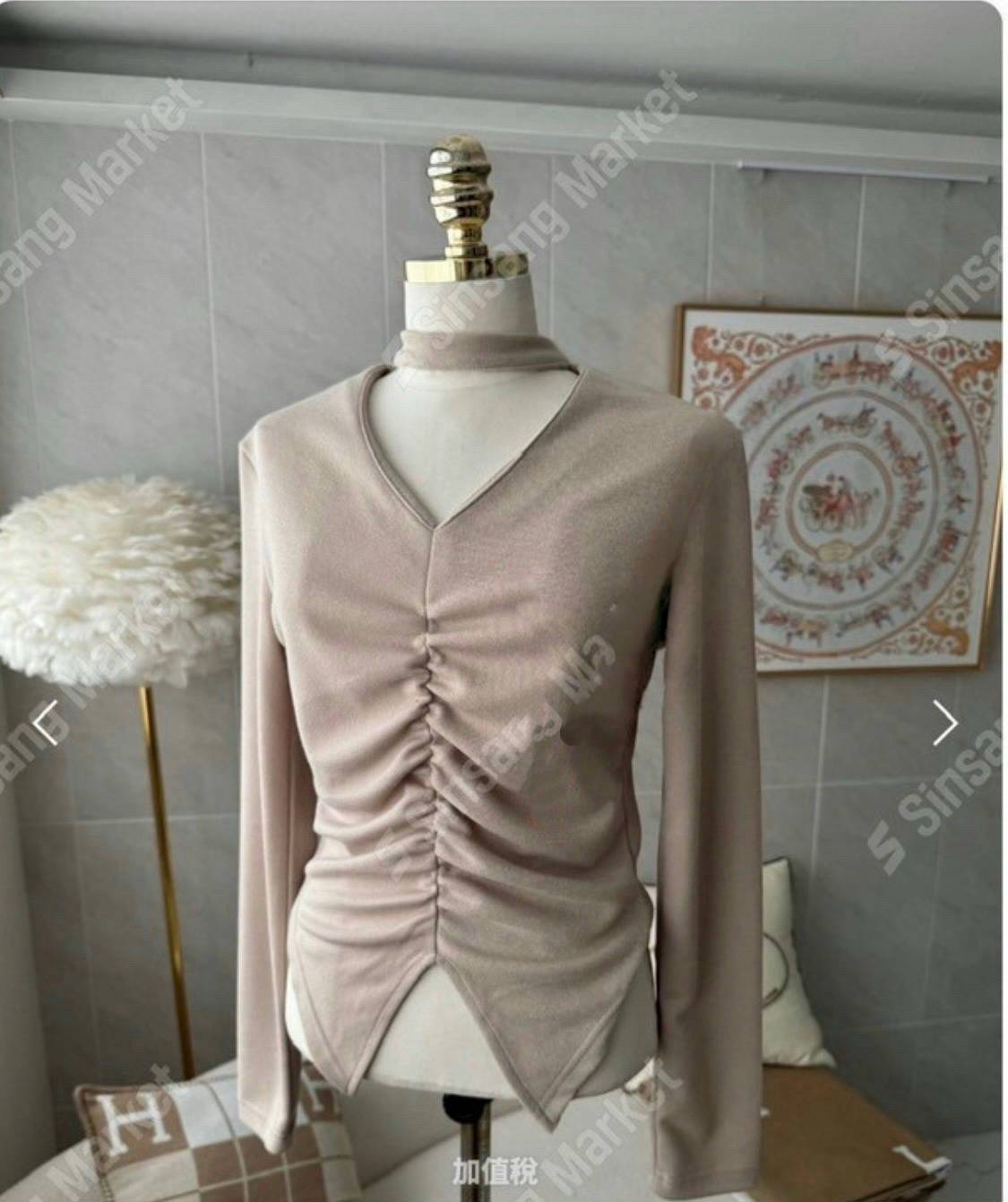 秋款不規則下擺褶皺Ｖ領上衣