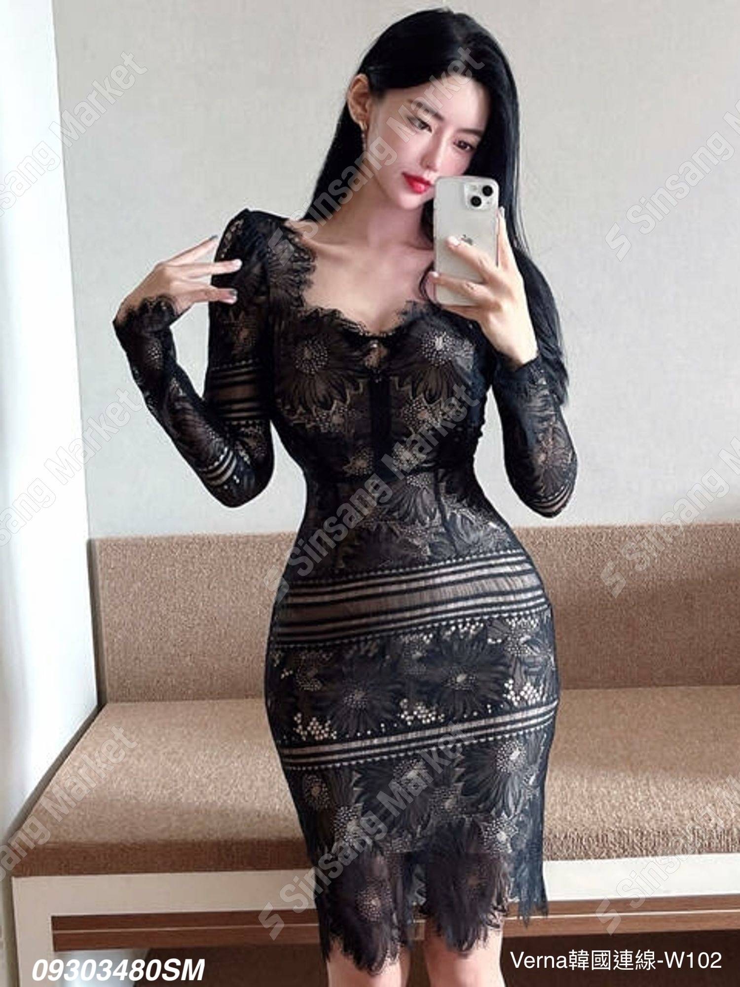 法式睫毛透膚蕾絲洋裝