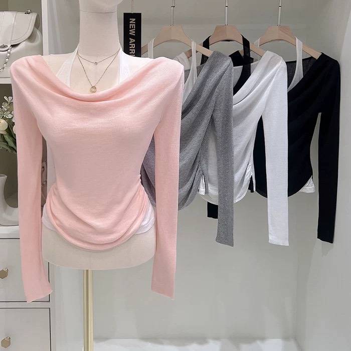 文青假兩件掛脖上衣(白)