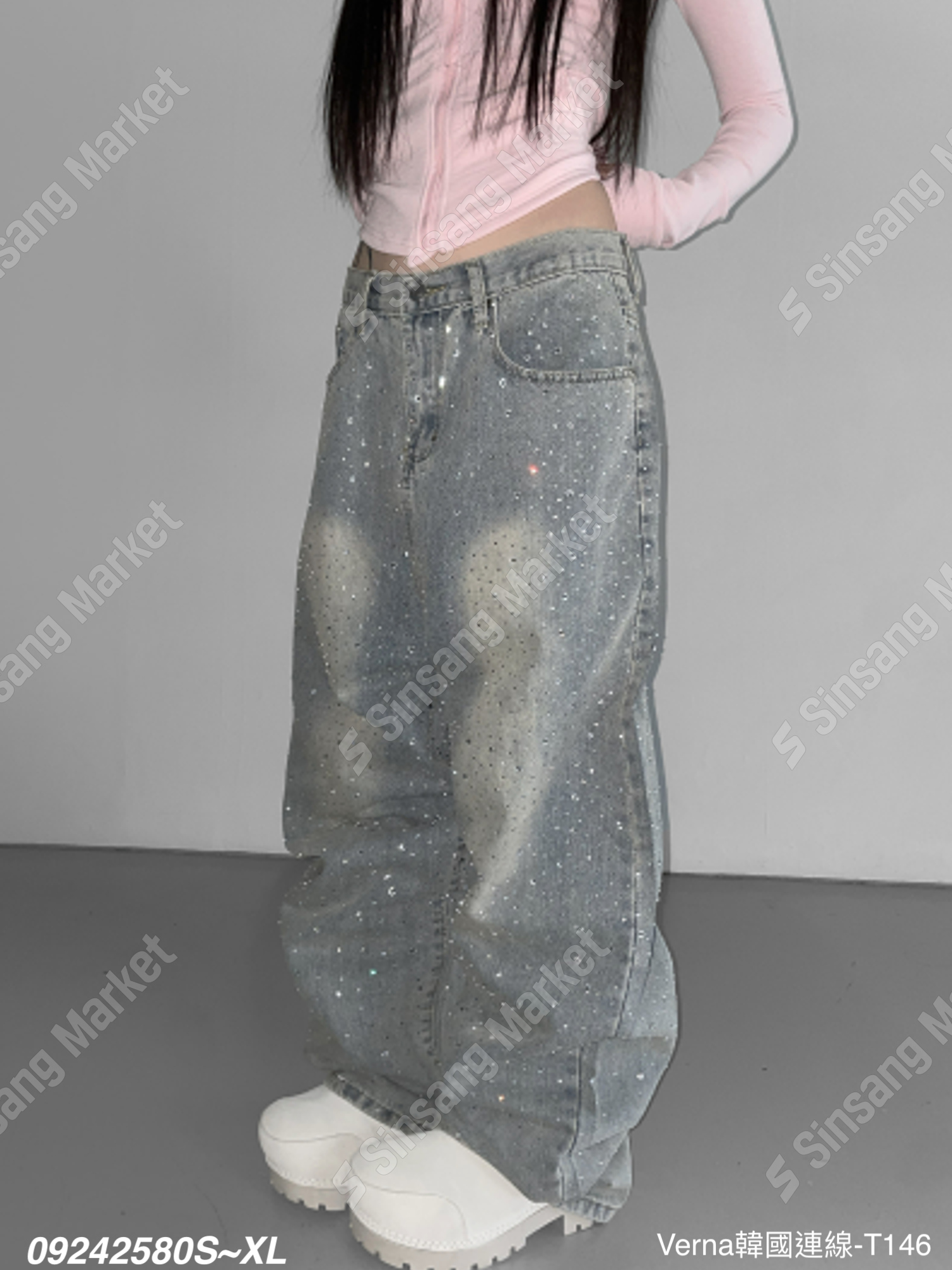 美式街頭水鑽落地牛仔褲