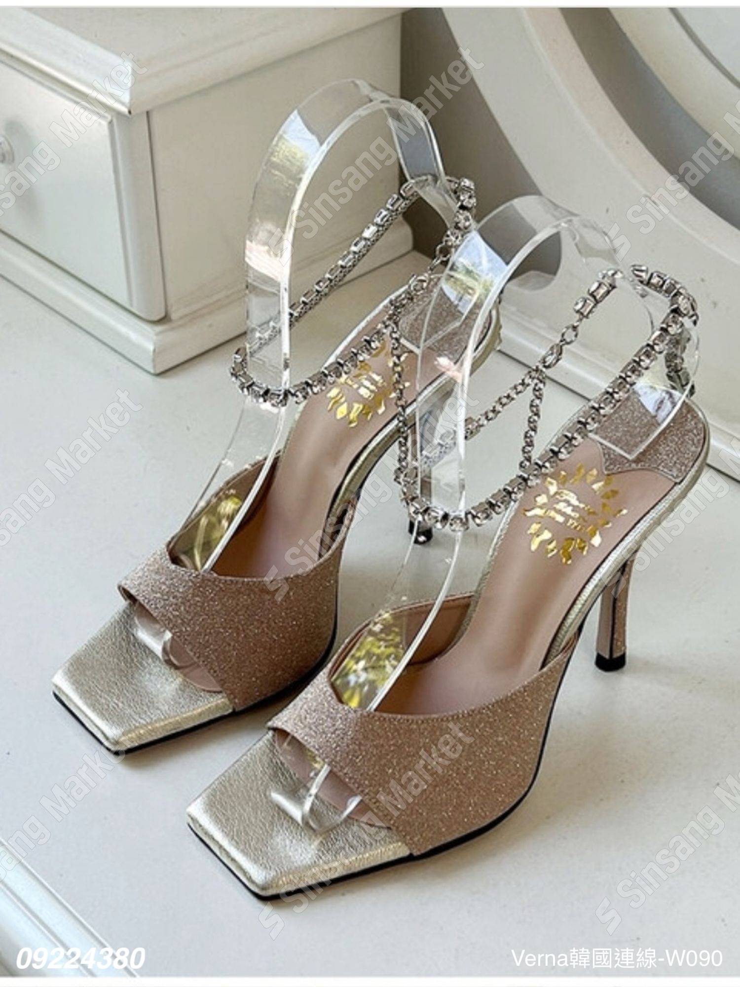 華麗金蔥水鑽方頭露趾跟鞋