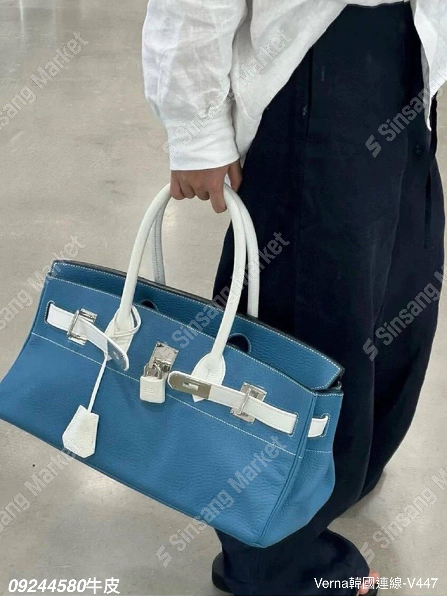 拼色亮麗牛皮手提包