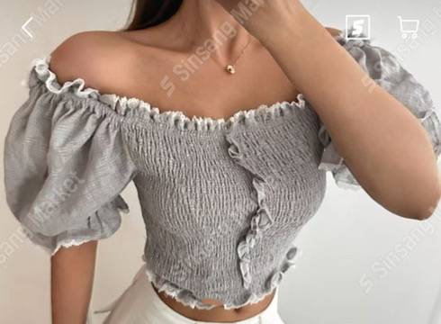 一字領捏摺收腰短款上衣