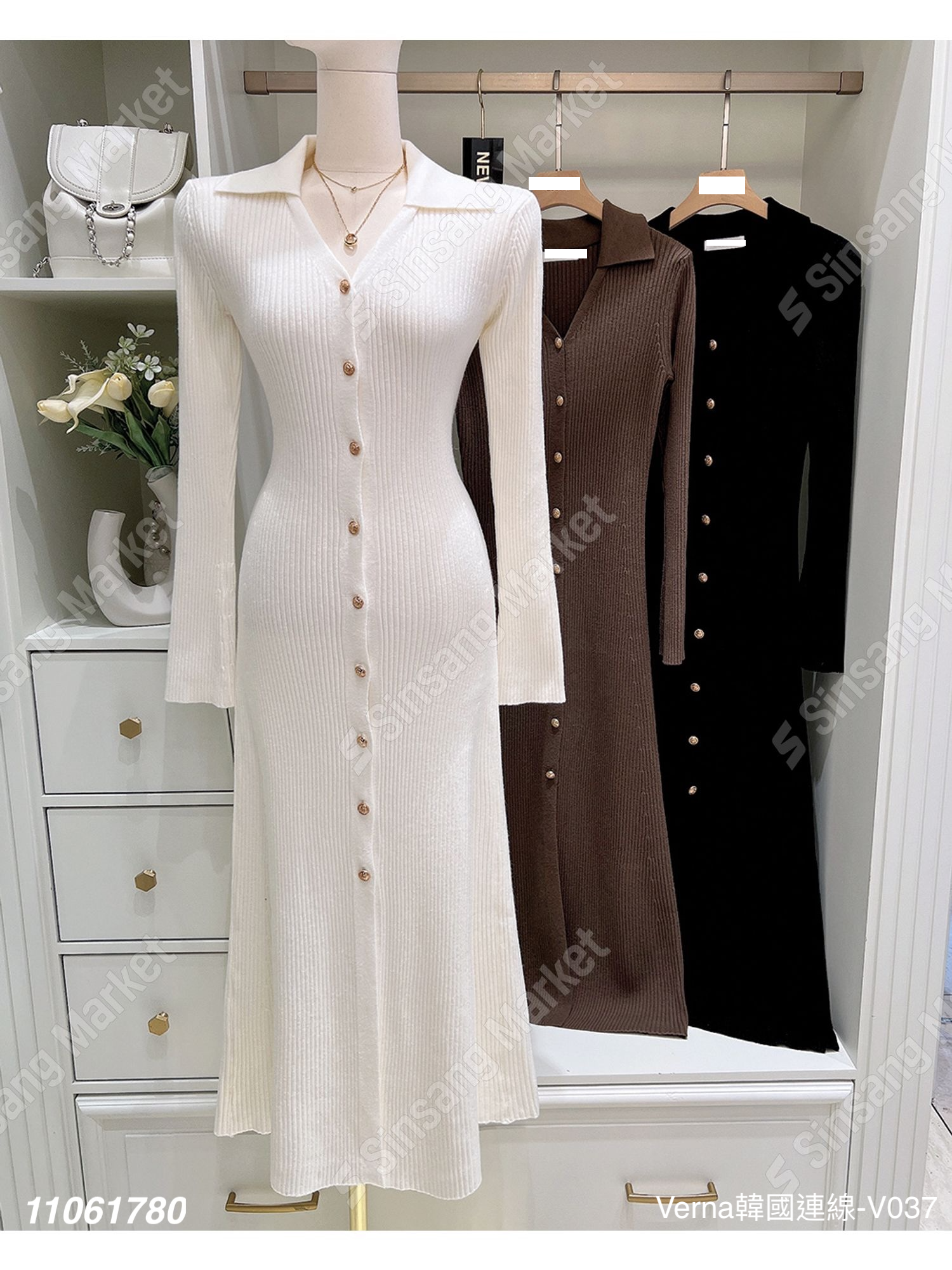 優雅翻領坑條金扣洋裝